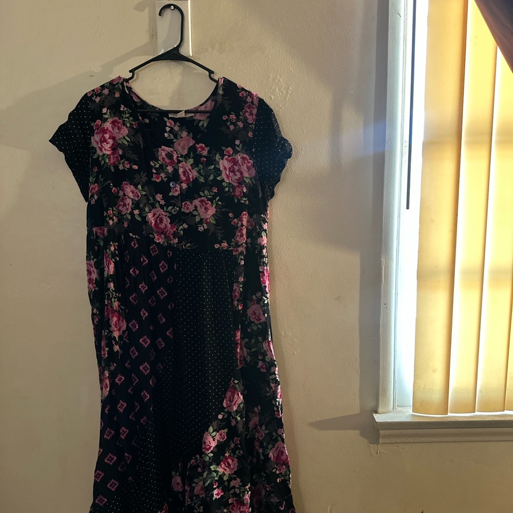 Woman Within Black and Pink Floral Midi Dress